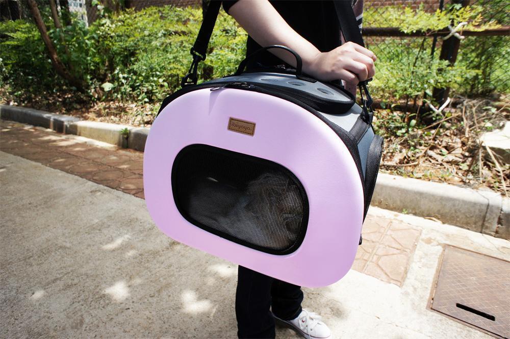 Light purple hard-shell pet dog carrier with front mesh window and top handle