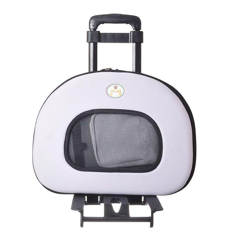 Pale hard-shell pet dog carrier with front oval mesh window and top handle