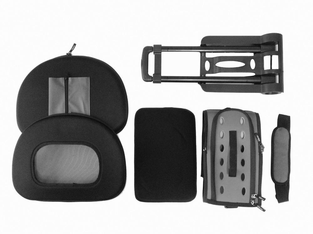 Black pet dog carrier kit with soft panels, base, and folding parts shown
