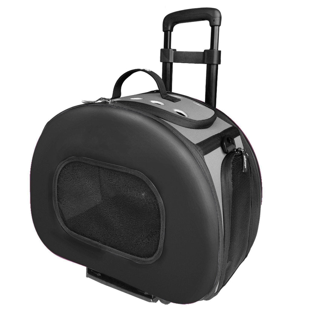 Black hard-shell pet dog carrier with front mesh window and top handle