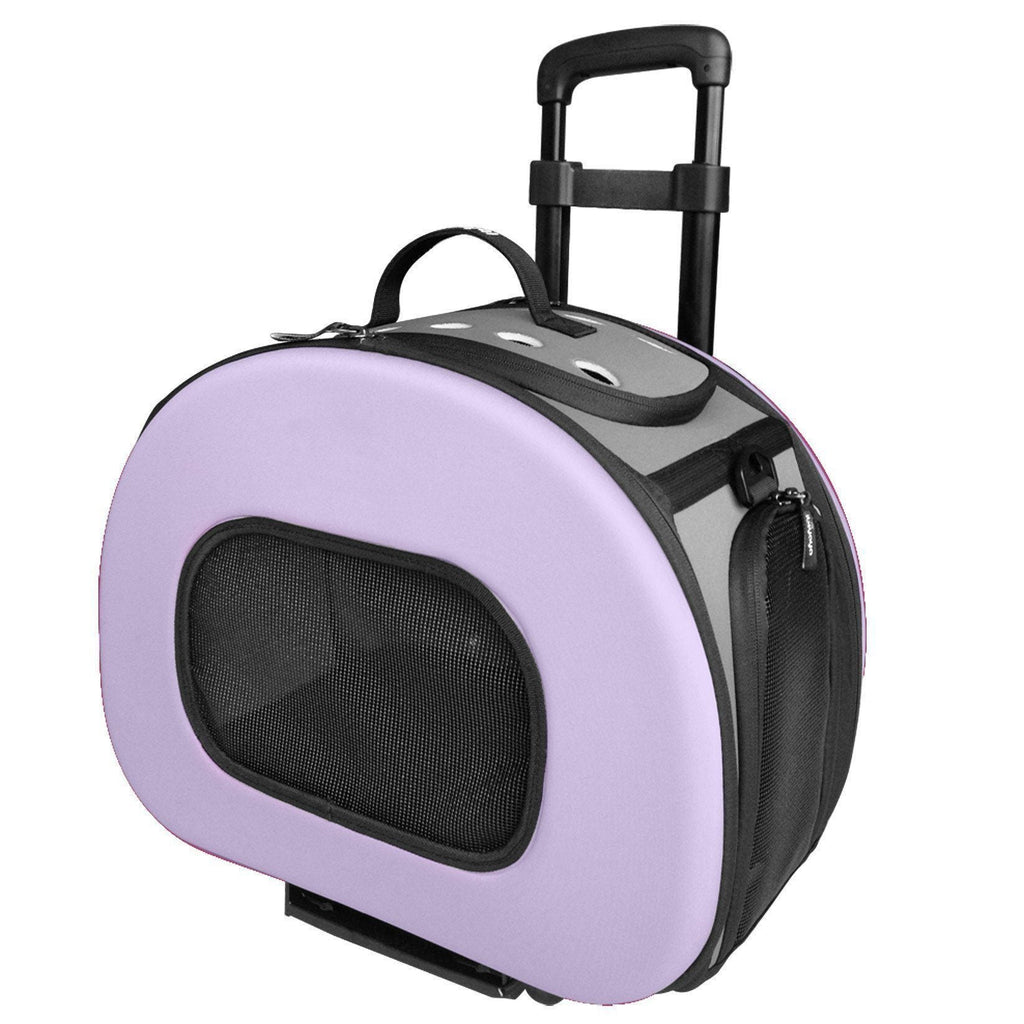 Light purple hard-shell pet dog carrier with front mesh window and top handle