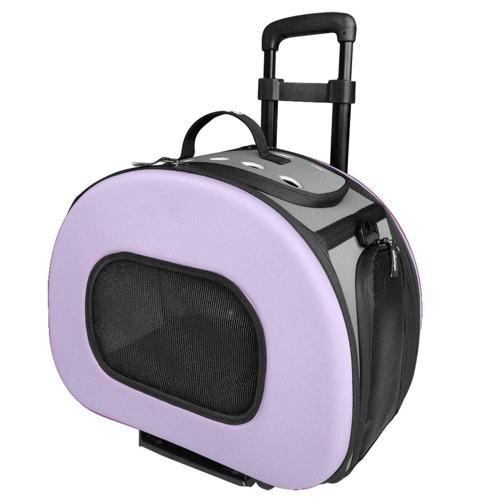 Light purple hard-shell pet dog carrier with front mesh window and top handle
