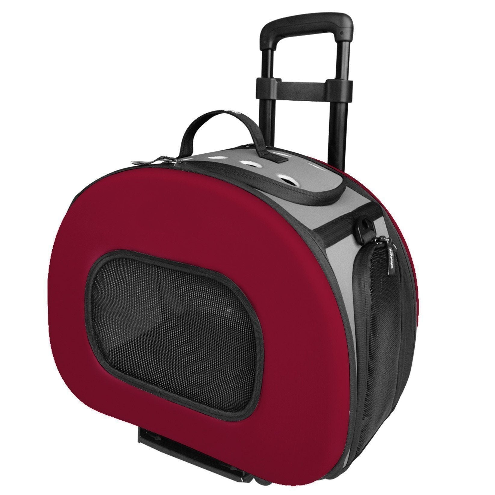 Red hard-shell wheeled pet dog carrier with front mesh panel and top carry handle