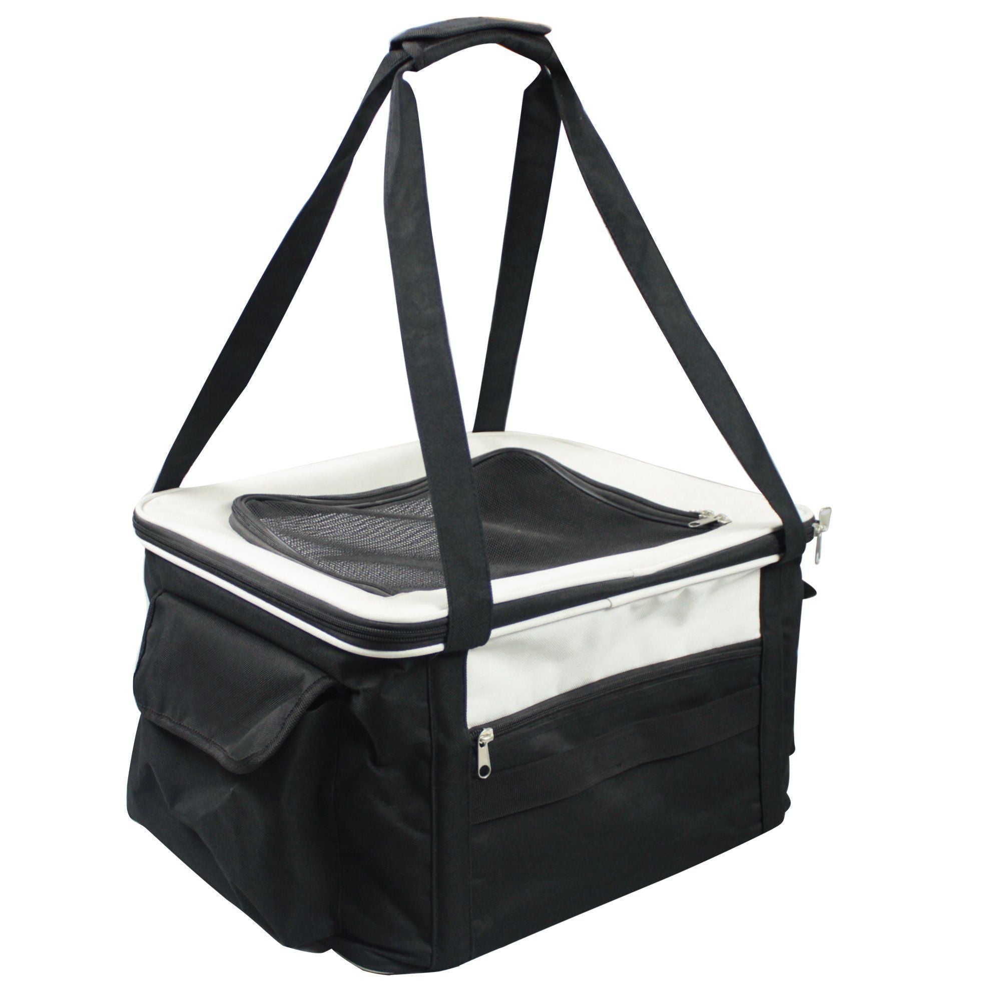 Black-and-white dog car seat carrier with top handles, front zipper, and panel window.