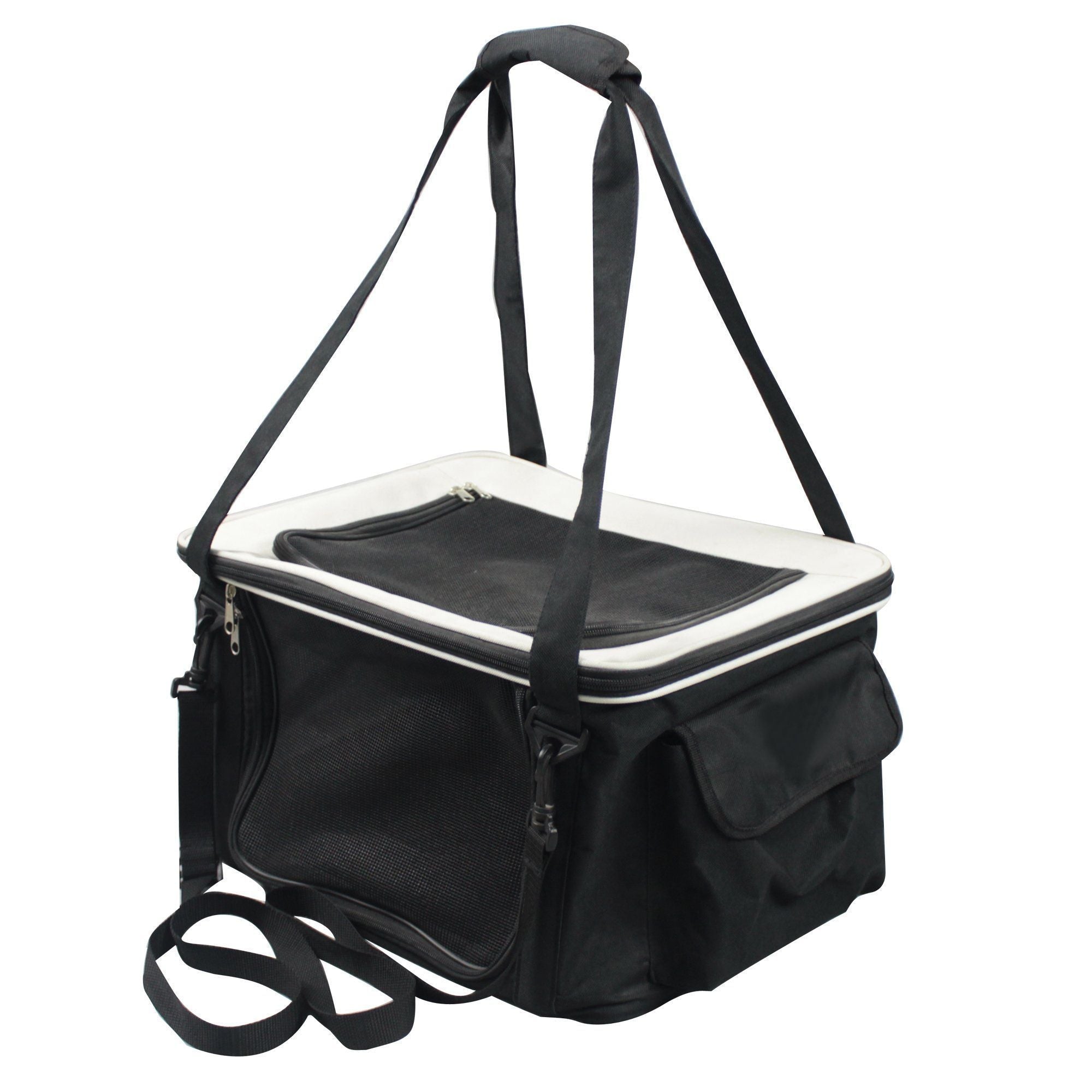 Black folding dog car seat carrier with two top handles and front zipper.