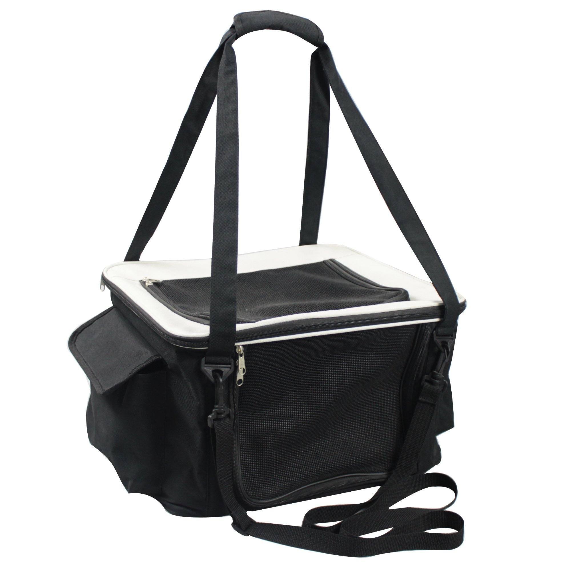 Black collapsible dog car seat carrier with top handle and shoulder strap.