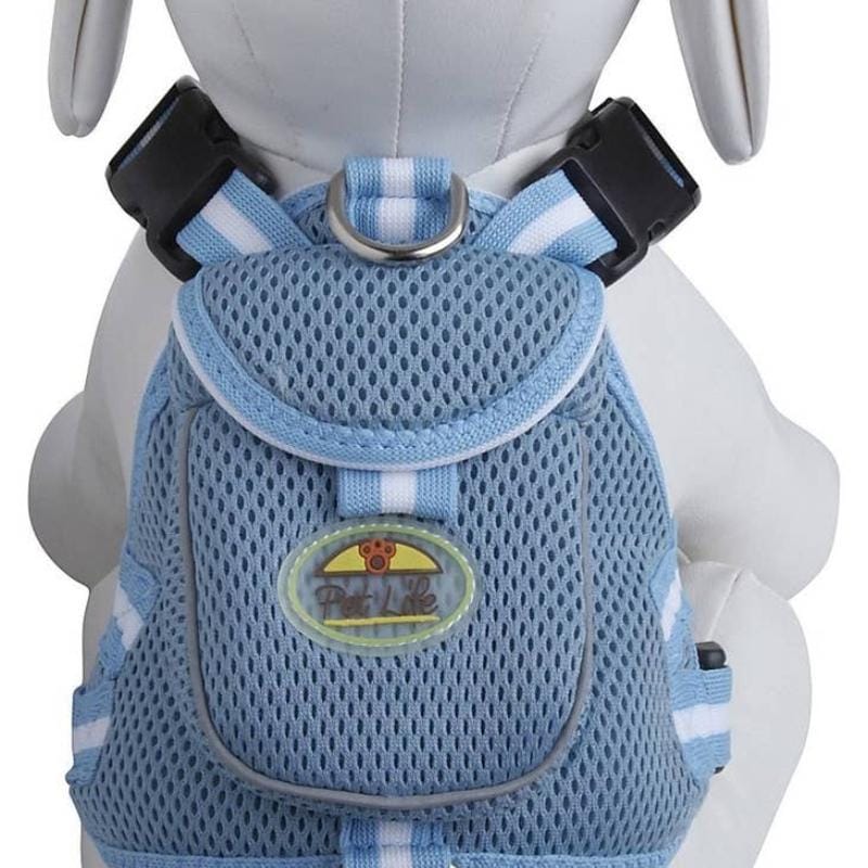 Mesh pet harness with pouch, blue mesh with padded straps and front metal ring