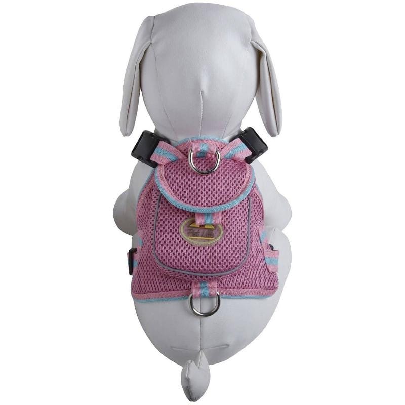 Mesh pet harness with pouch, pink-and-turquoise mesh with front clip and metal rings