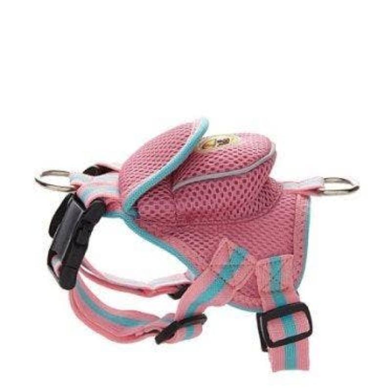Mesh pet harness with pouch, pink mesh with teal trim and black buckles