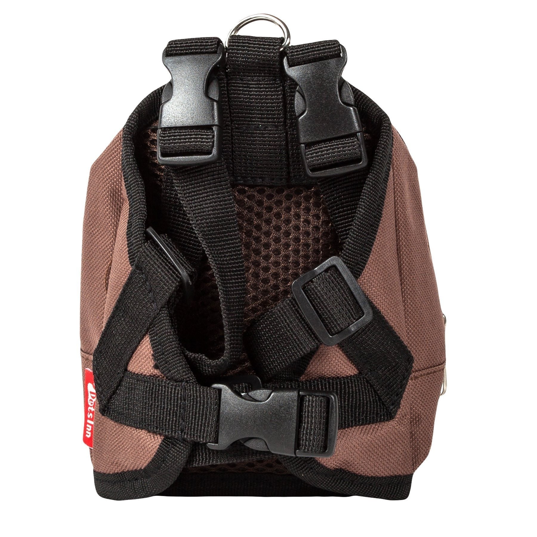 Brown dog harness backpack with breathable mesh back, black buckles, and padded straps