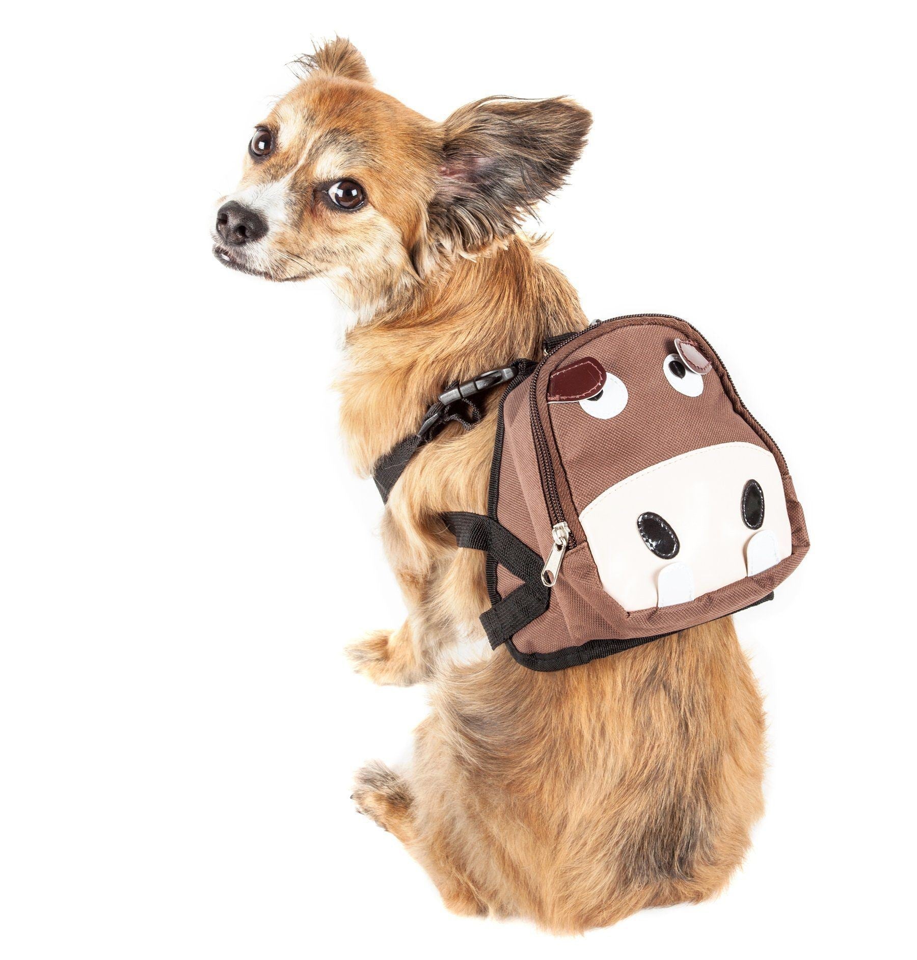 Pet Life ® Mooltese dog harness backpack, brown with cartoon animal face panel and zipper