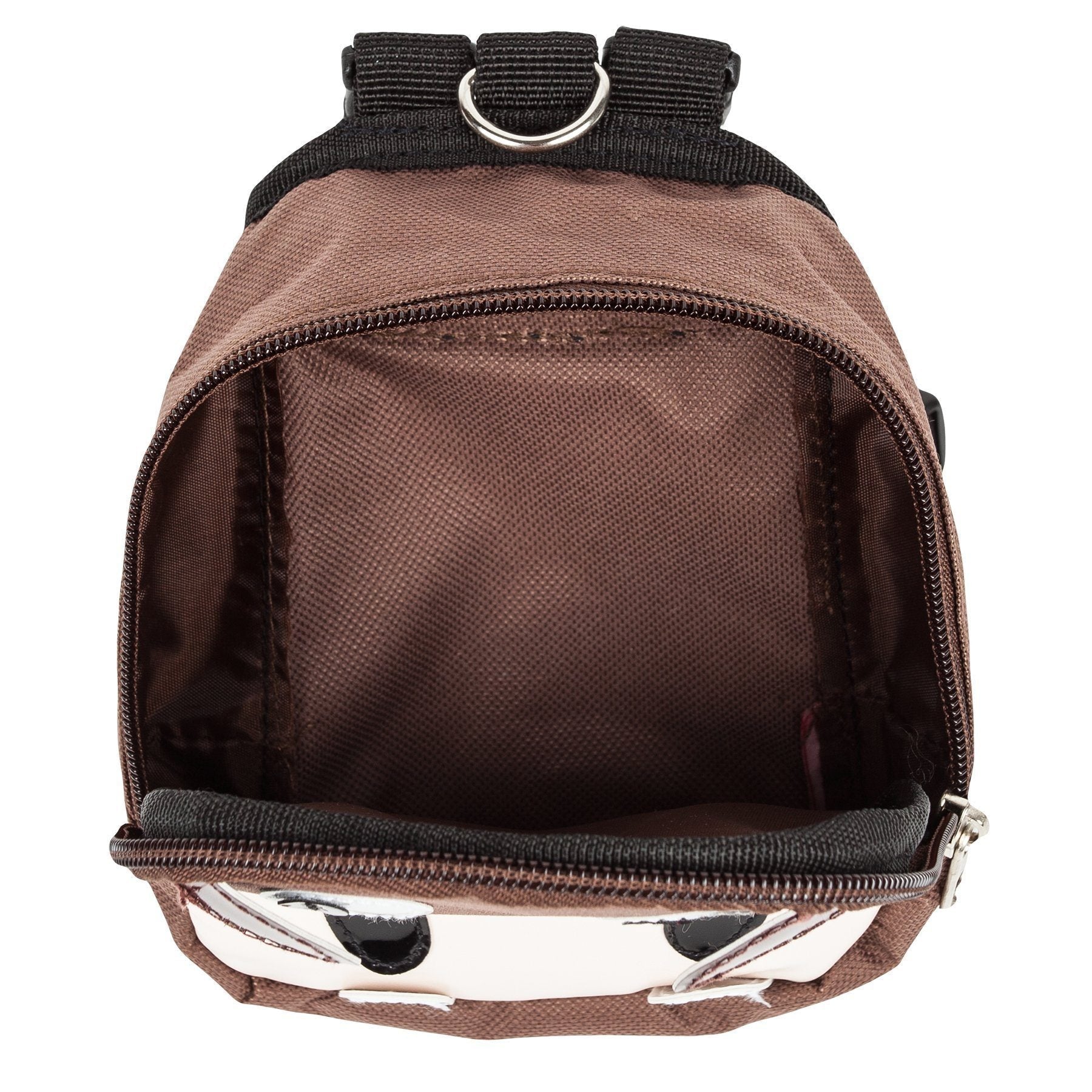 Brown dog harness backpack with open top and front zipper, black trim and handle ring