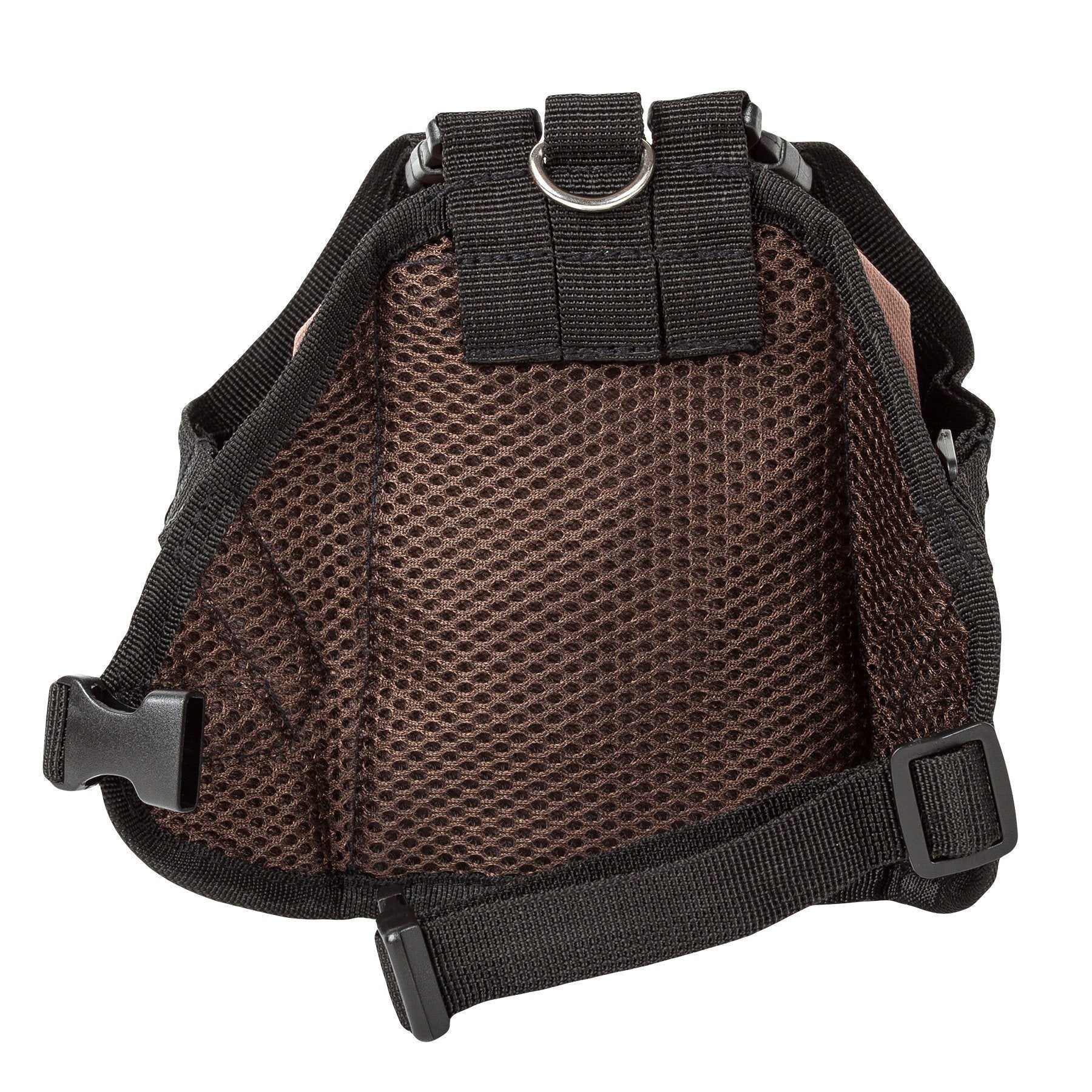 Dog harness backpack back view with breathable mesh panel and adjustable black strap pads