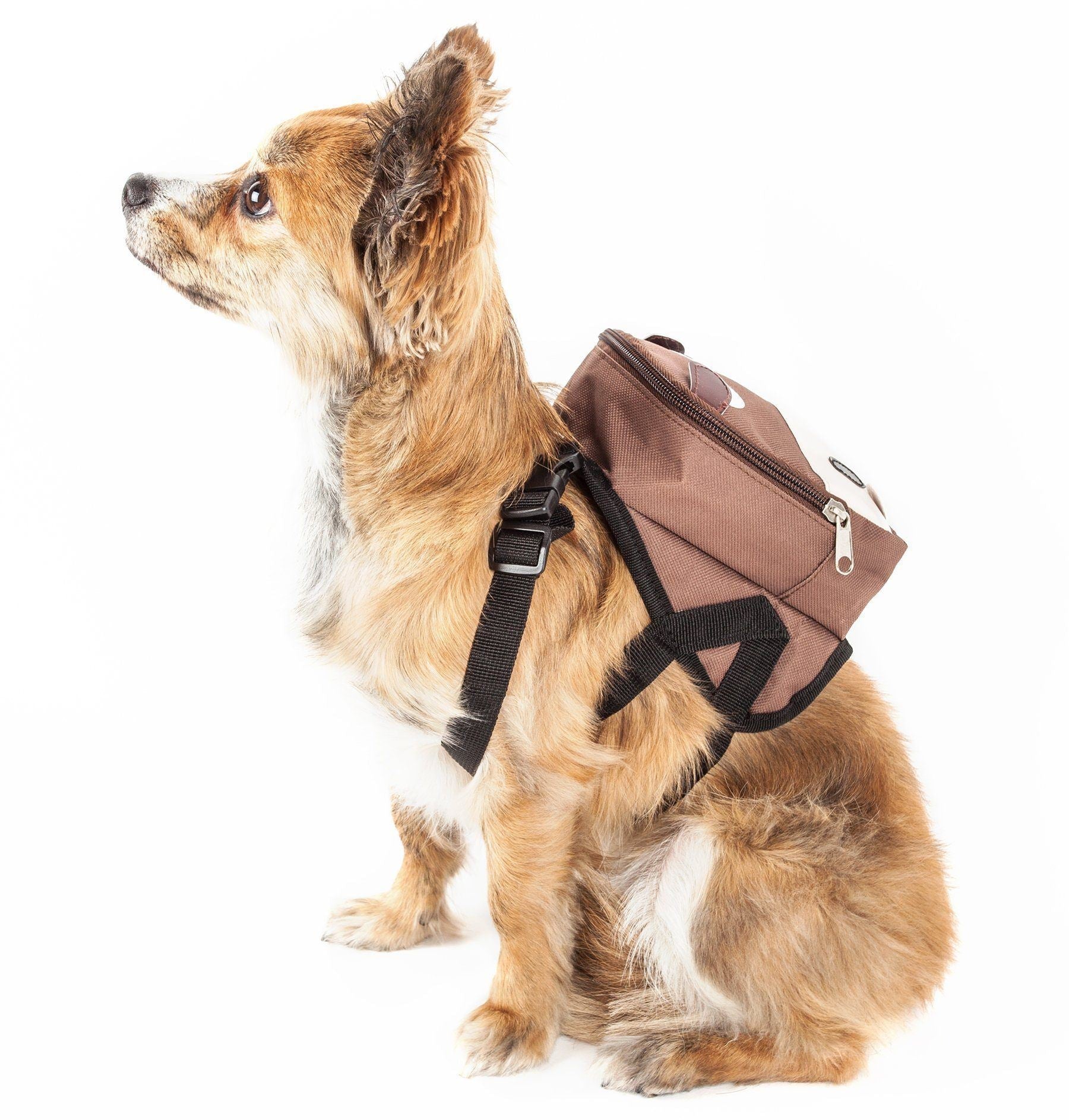 Dog harness backpack with brown side pocket and cartoon face front, adjustable black straps