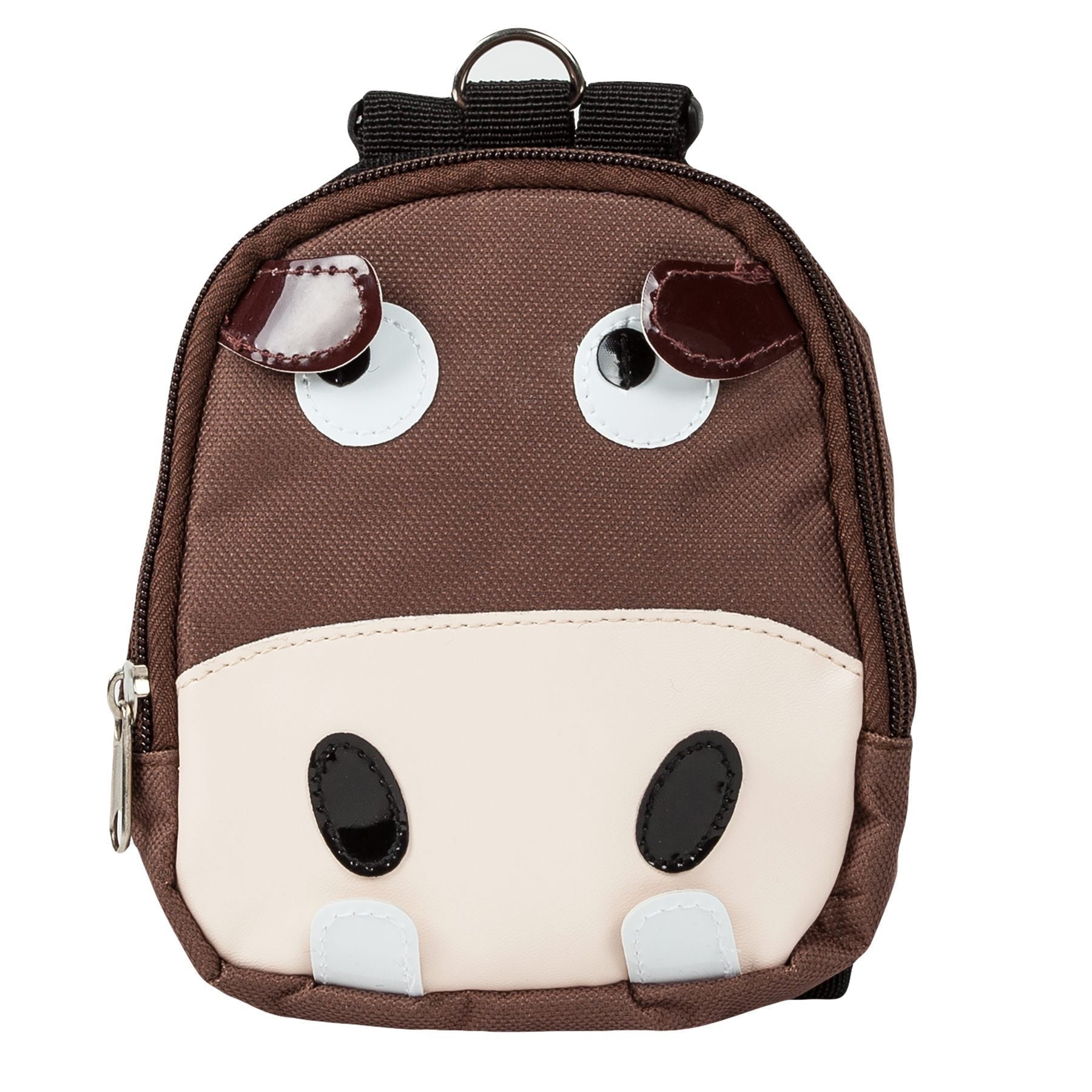 Brown dog harness backpack with cartoon animal face front panel and top handle