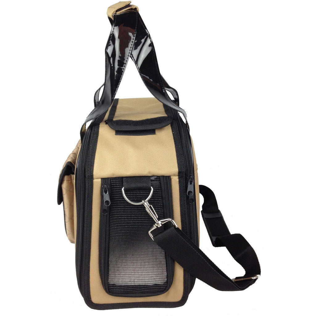Khaki dog carrier with black trim, front mesh pouch, side zip panel, and shoulder strap