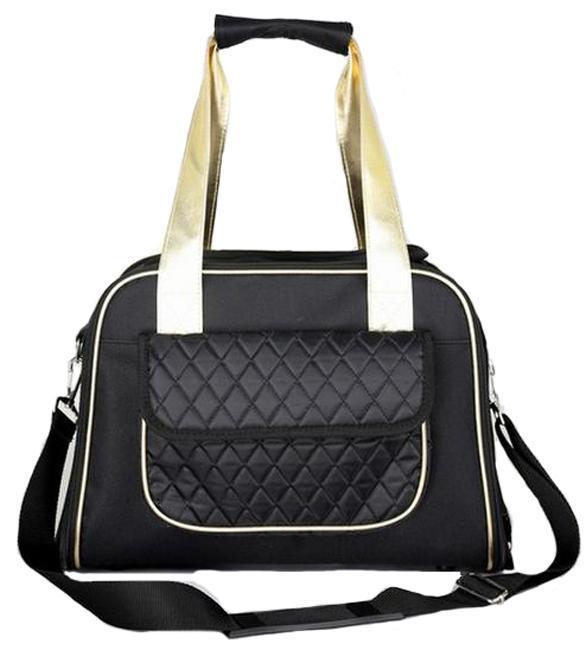 Black travel pet dog carrier with quilted front and tan handles, airline approved
