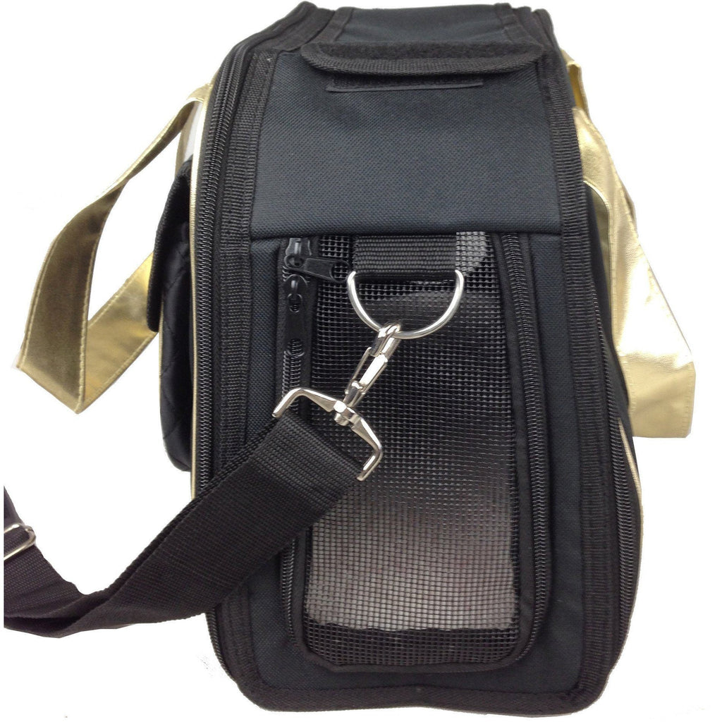 Black dog carrier with front mesh pocket, metal D-ring clips, and side strap