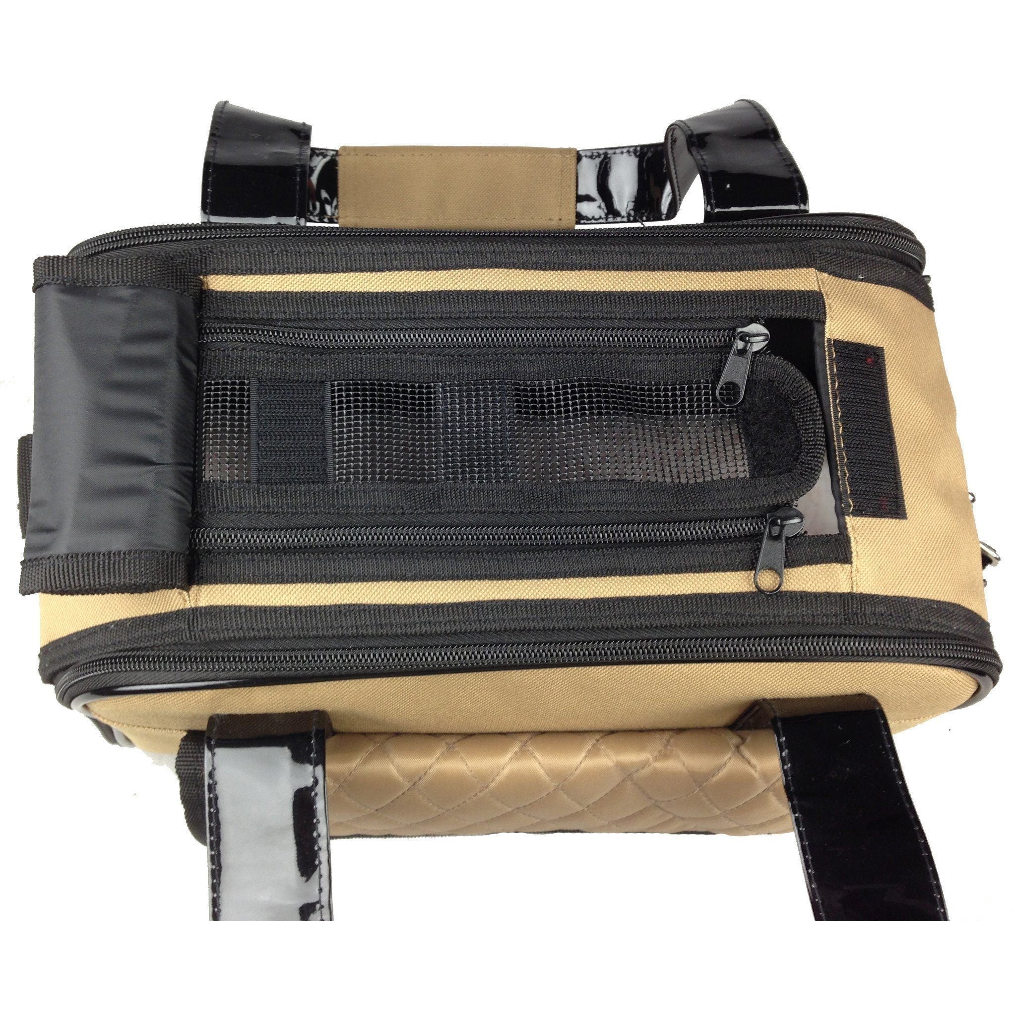 Khaki and black dog carrier with side zipper mesh panel and adjustable base