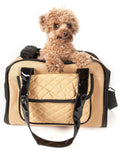 Khaki and black airline-style dog carrier with front quilted pouch and open top
