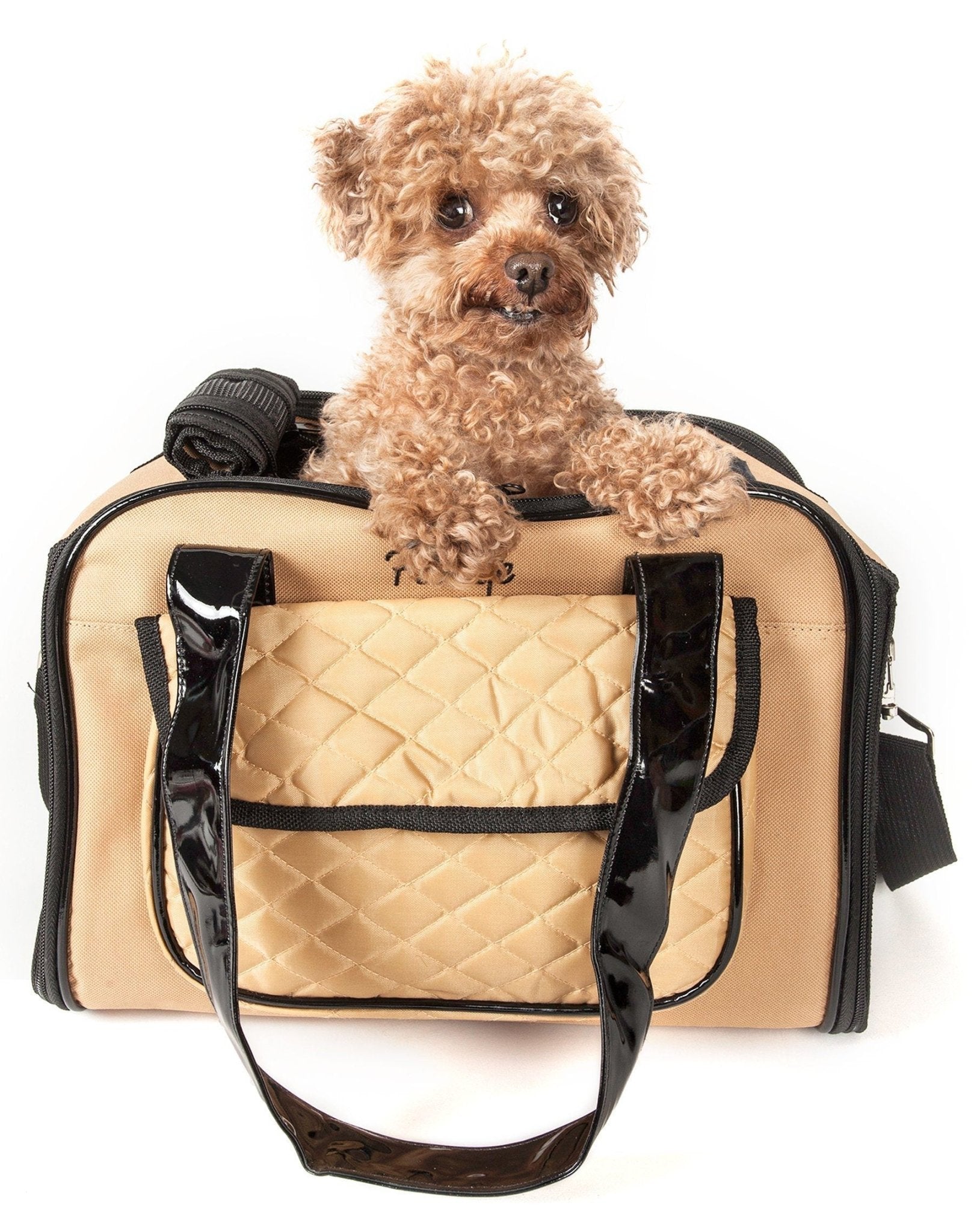 Khaki and black airline-style dog carrier with front quilted pouch and open top