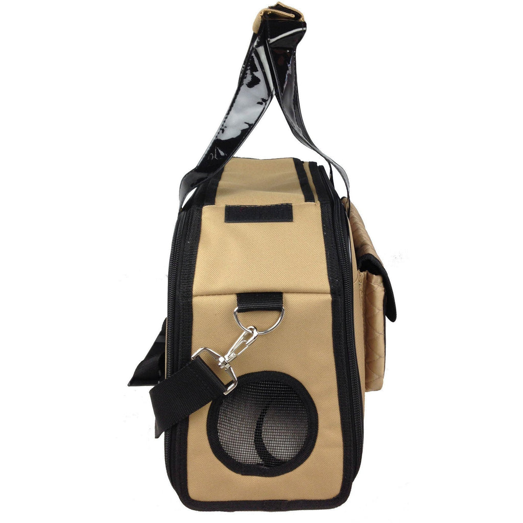 Khaki dog carrier with black trim, side mesh window, and front round elastic pocket