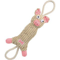 Pink plush cow tug toy with jute rope handles and paw applique