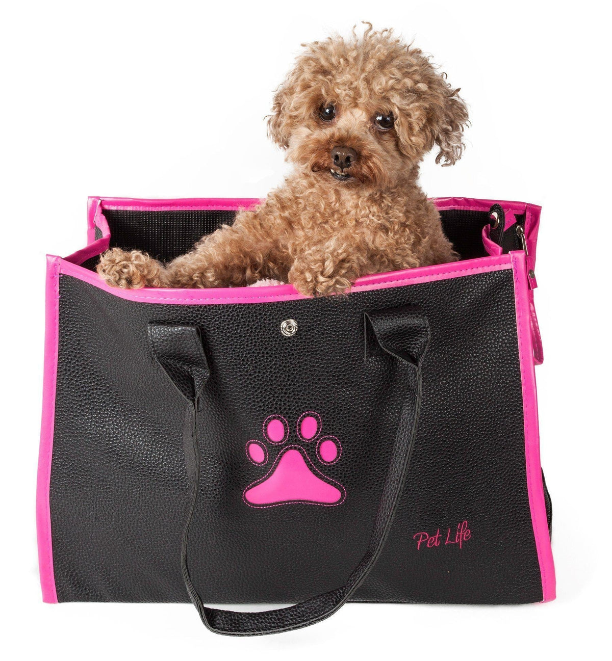Pet Life ® 'Posh Paw' Elegant Leatherette Designer Fashion Travel Pet Dog Carrier Tote Fursace Luxury Dog Plush Toy - Black & Pink Red Squeaky | Cookies Wagging Friends Boutique Cookies Wagging Friends Boutique