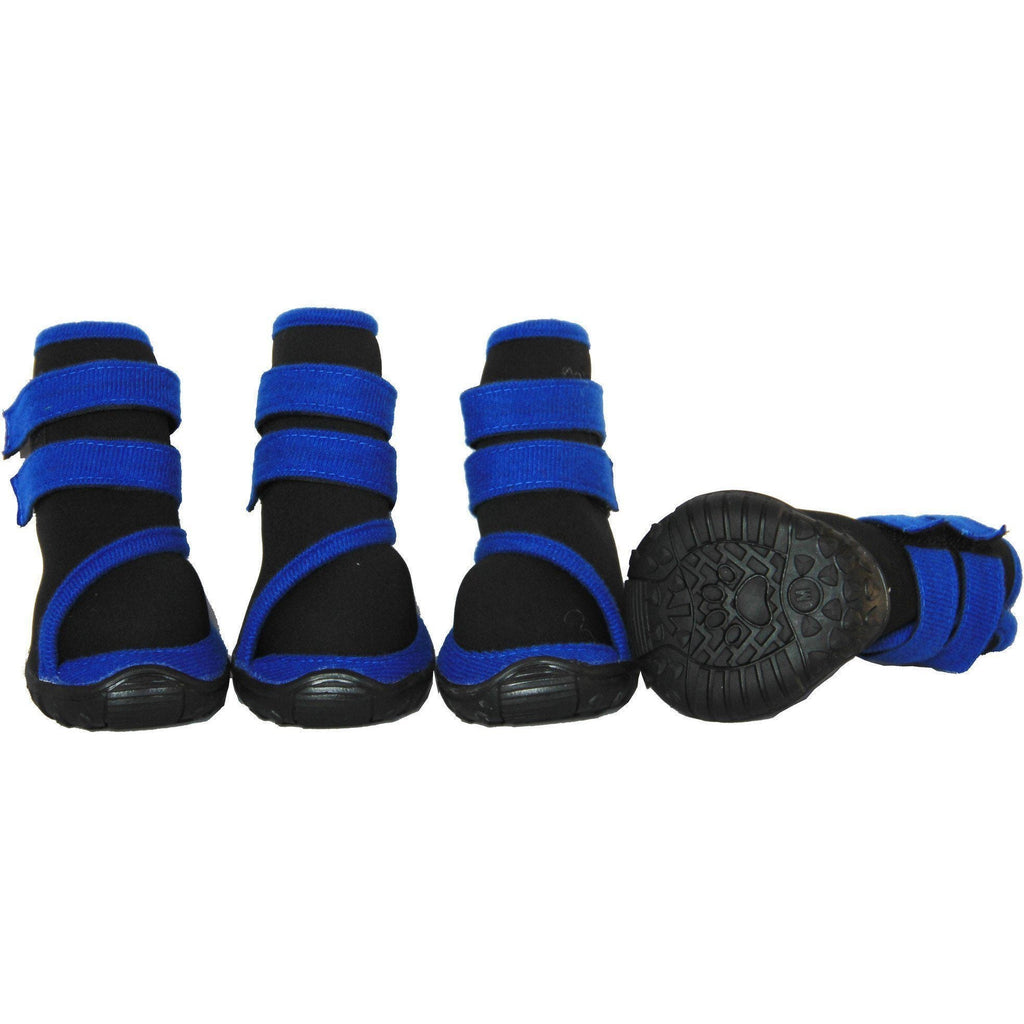 Set of 4 high ankle dog shoes with black and blue striped wrap straps