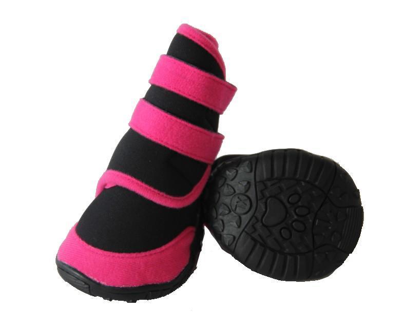 High ankle dog shoes with black base and pink wrap straps, textured tread sole