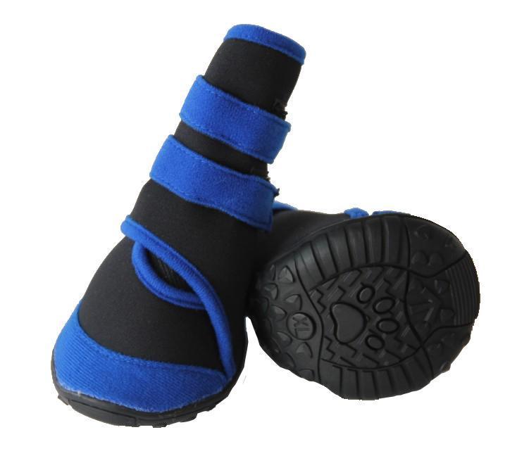 High ankle dog shoes in black and blue with wrap straps and textured tread sole