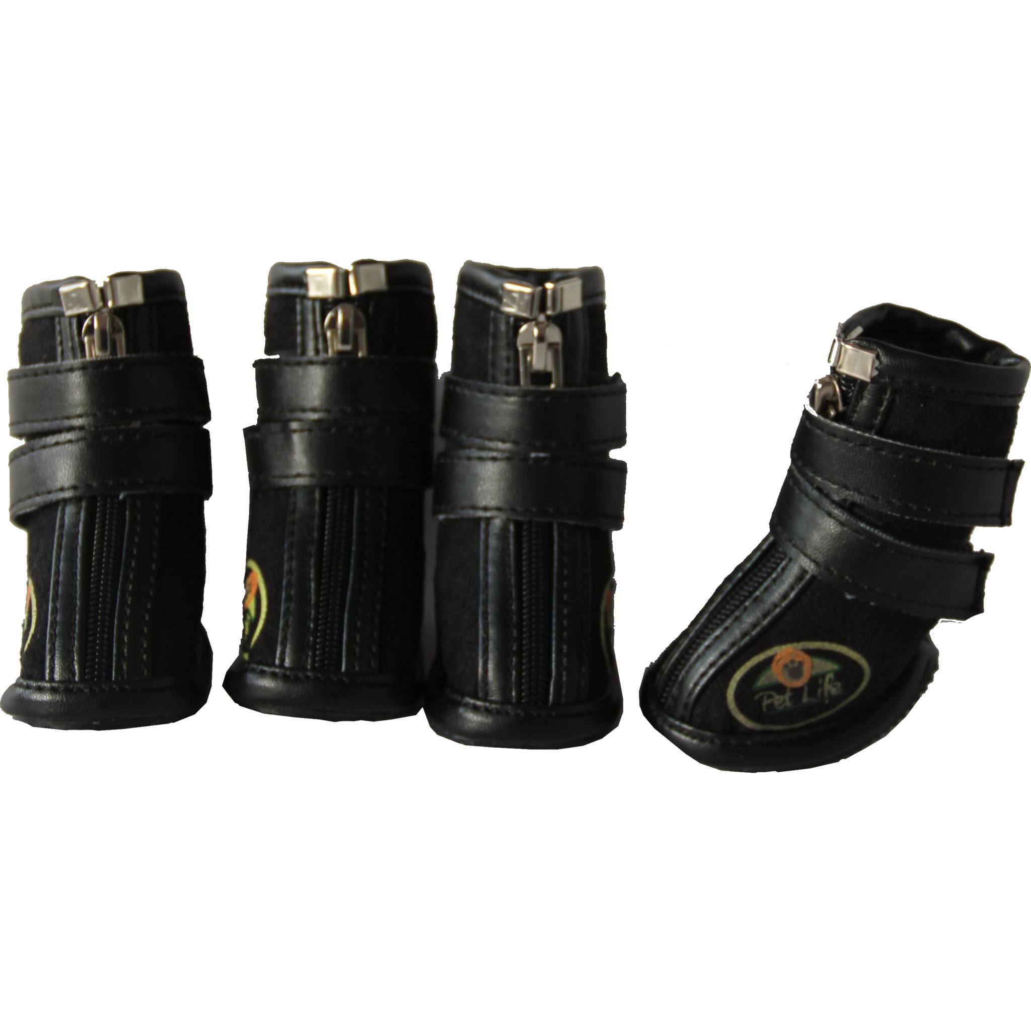 Black dog booties, set of 4, with strap-and-buckle top and zipper side panels