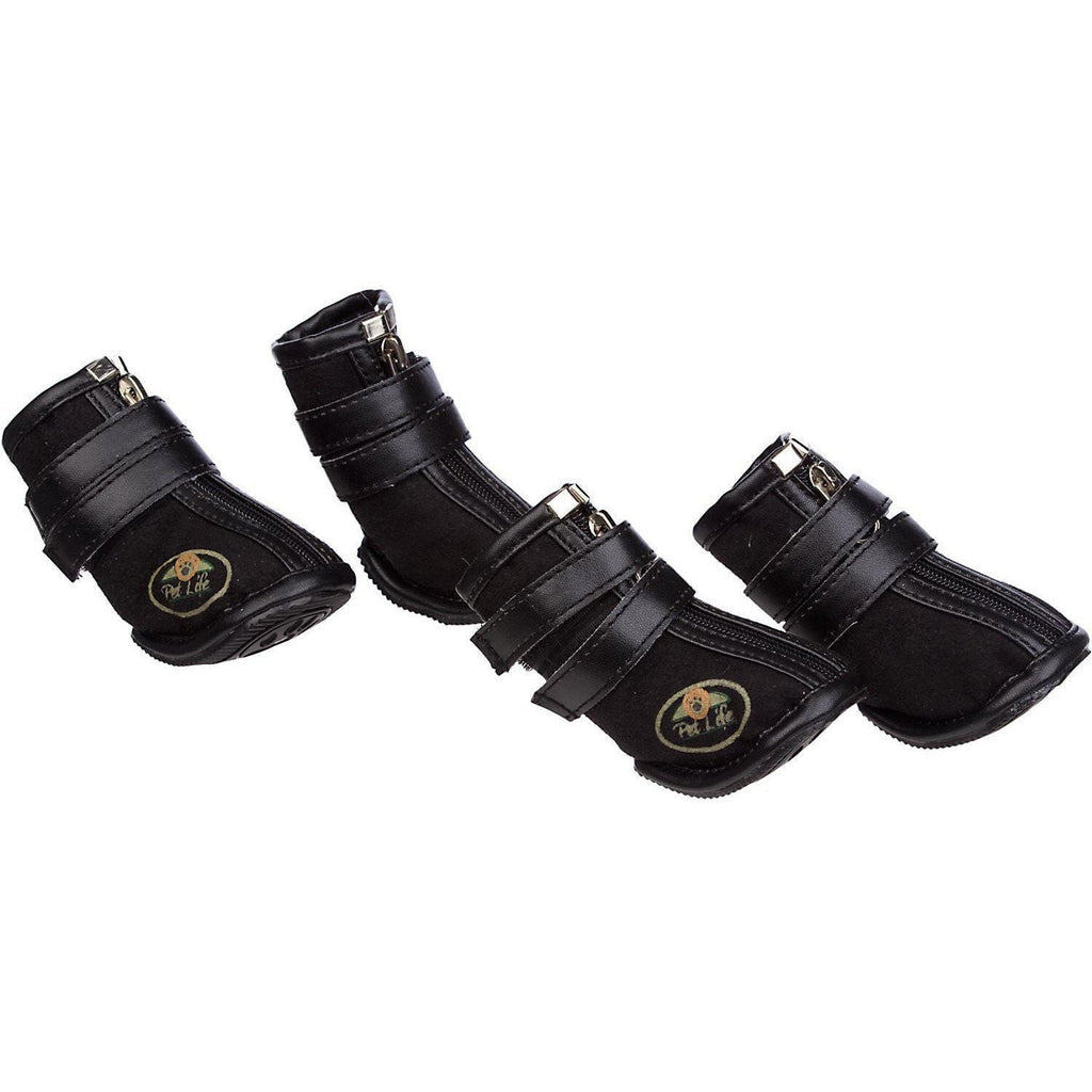 Set of 4 black dog high-support booties with hook-and-buckle straps and cushioned pads