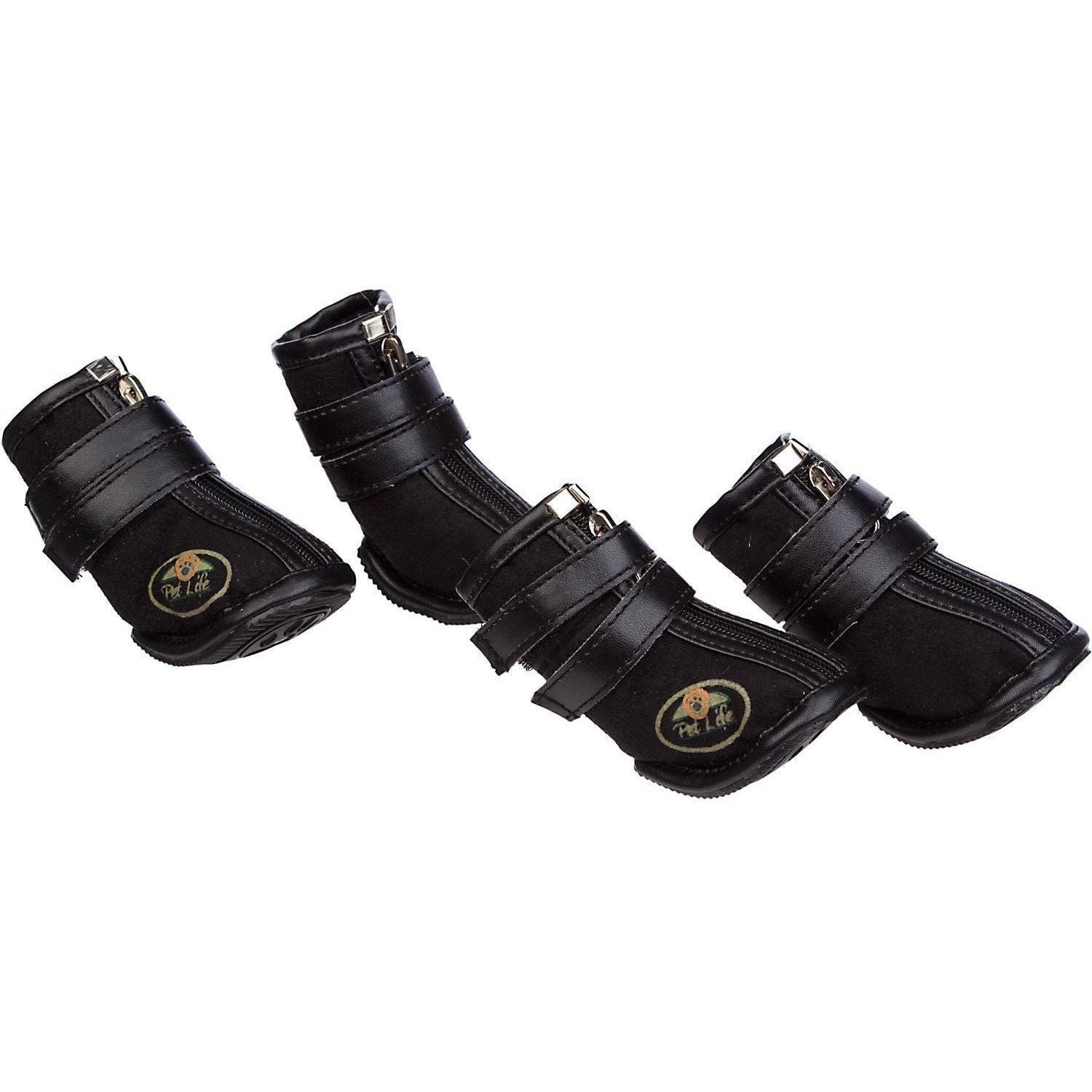 Set of 4 black dog high-support booties with hook-and-buckle straps and cushioned pads