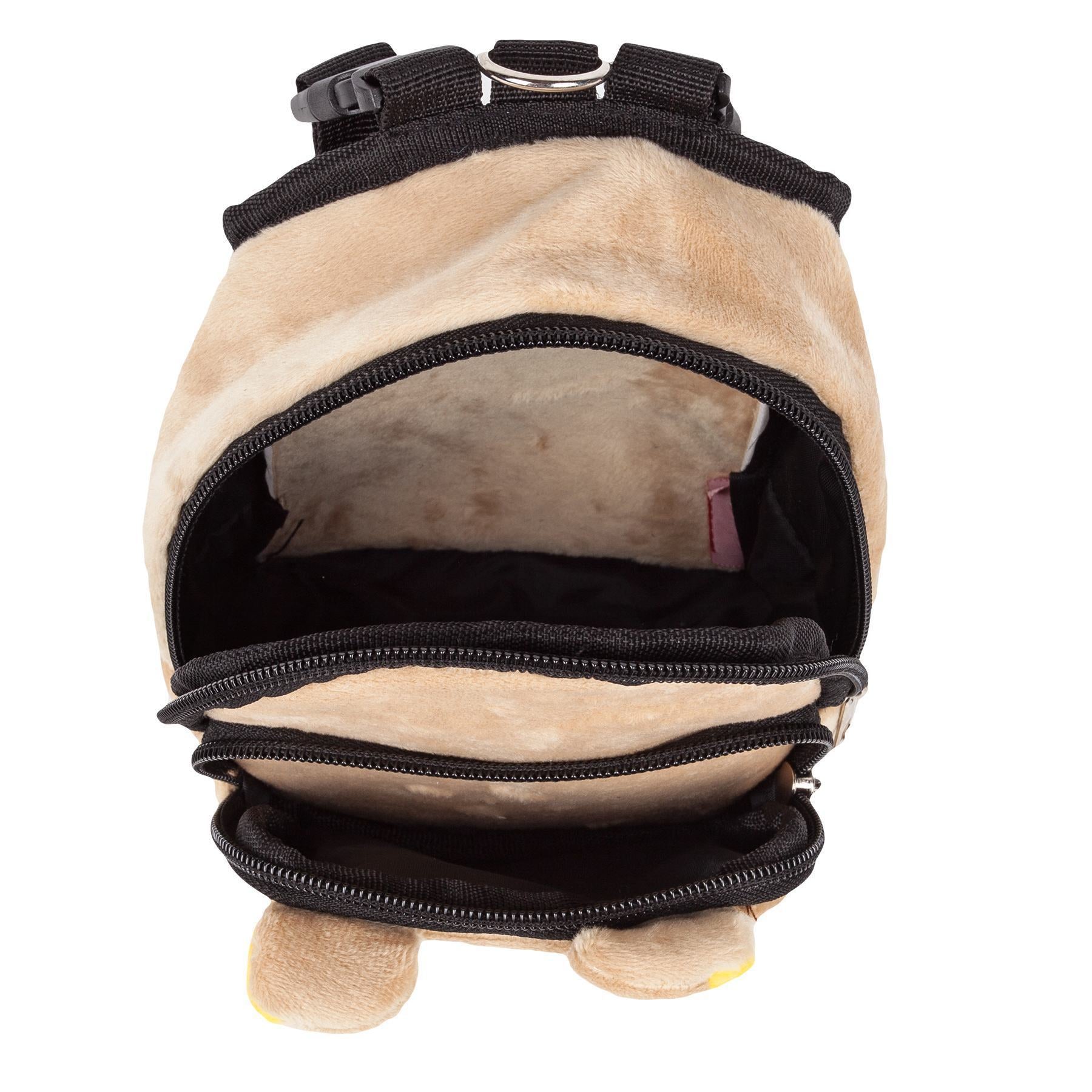 Plush dog backpack with open top and dual zip compartments with black trim