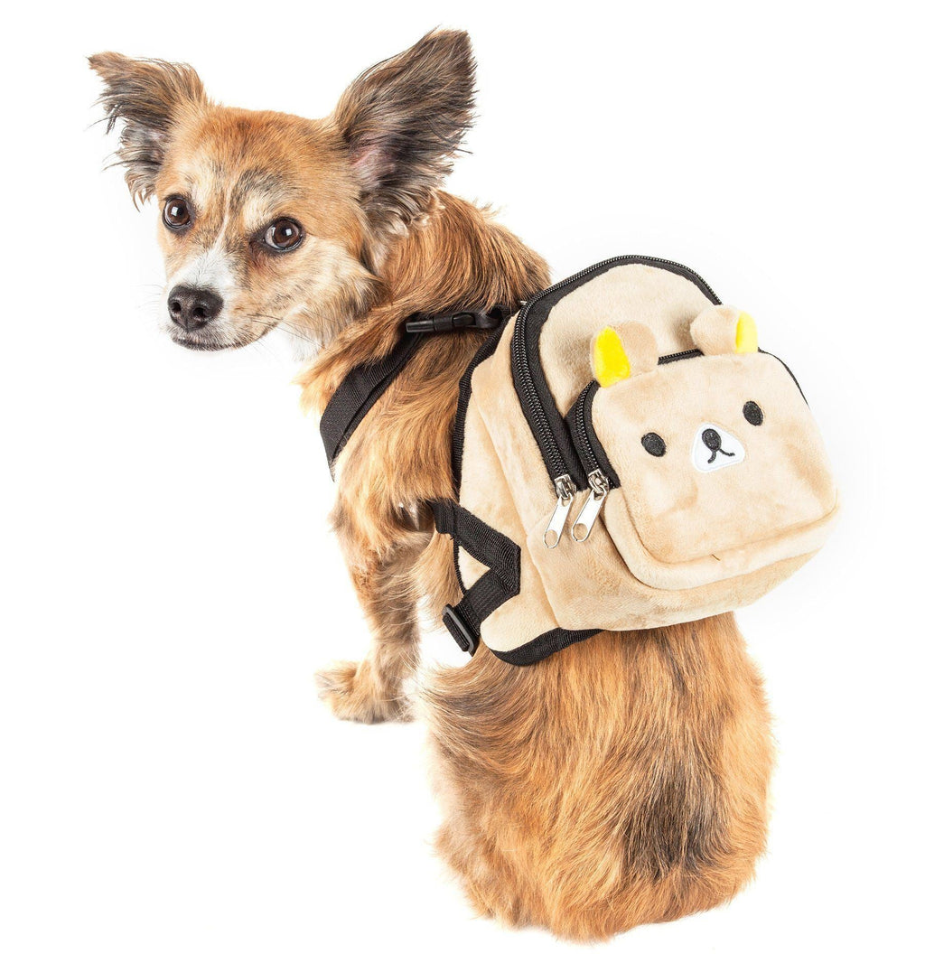 Plush dog harness backpack with teddy bear face front pocket and black straps