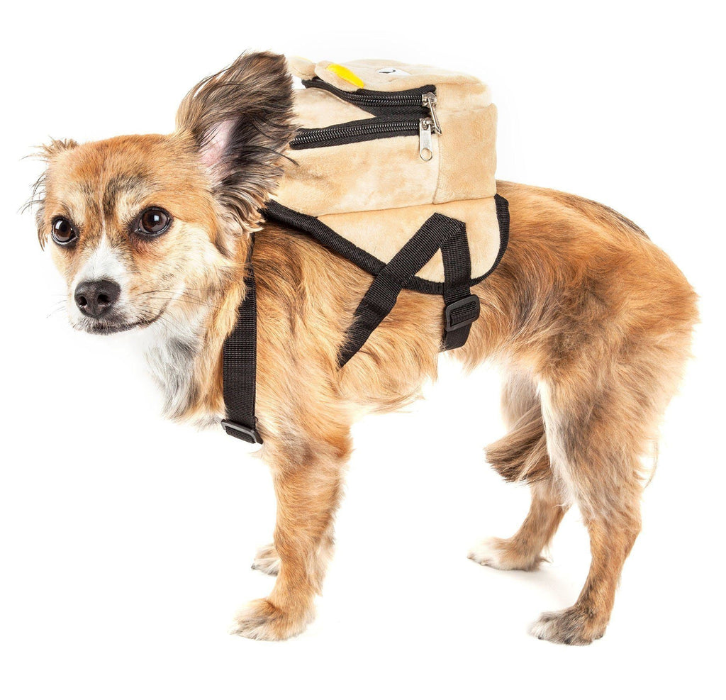 Plush dog harness backpack with beige body, black harness straps, front zip pocket