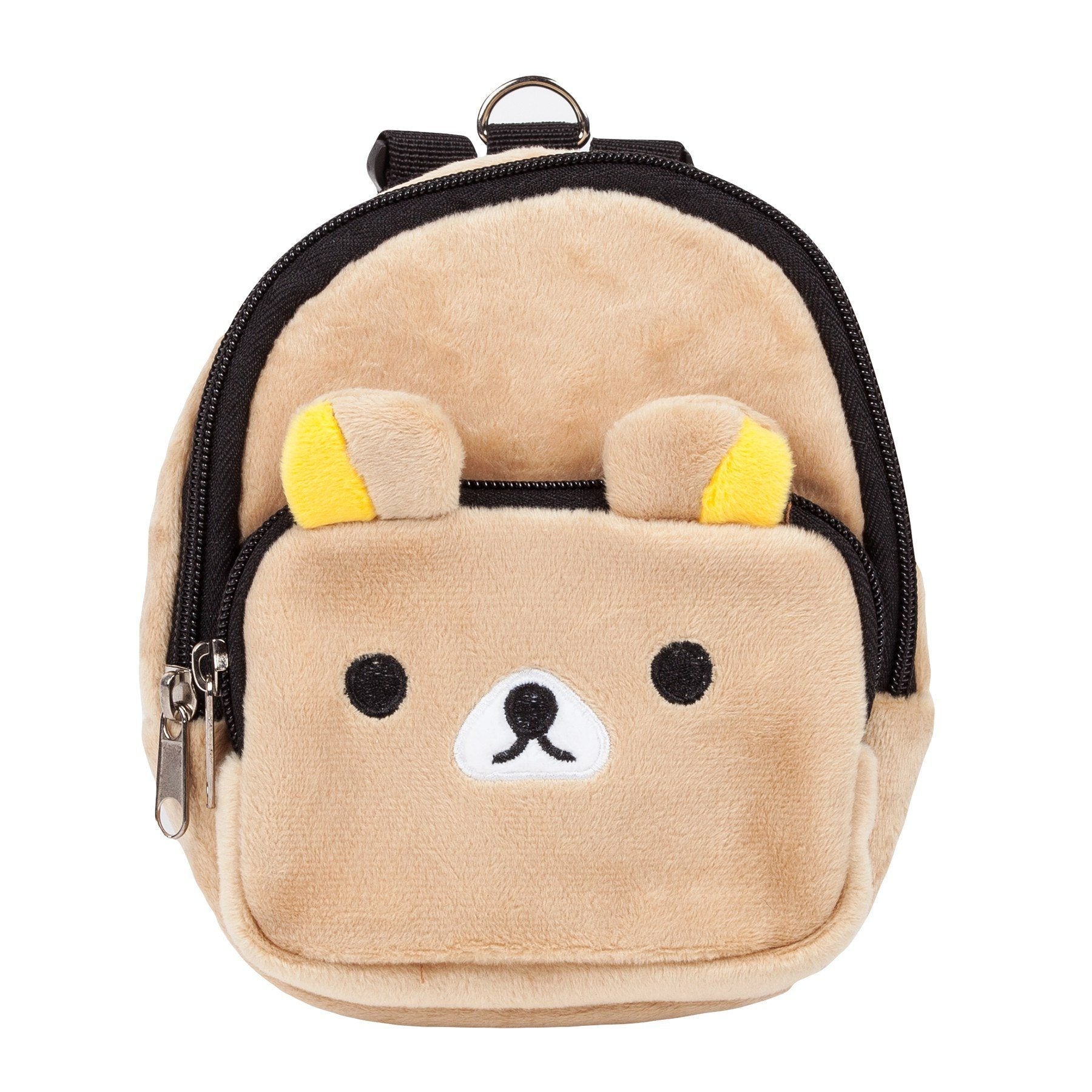 Beige plush dog backpack with top handle, teddy face patch, and front zipper
