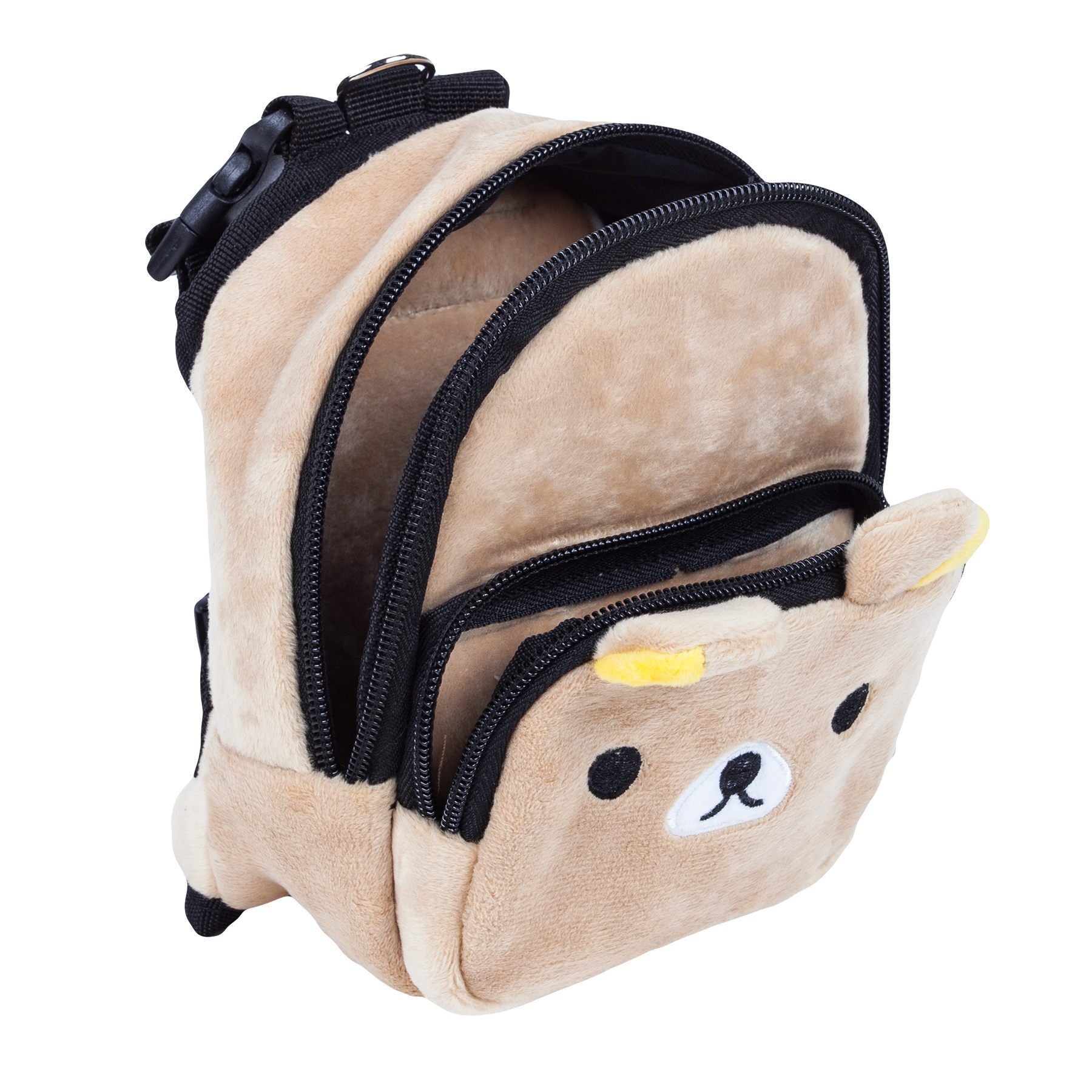 Beige plush dog backpack with side zipper compartment and teddy face detail