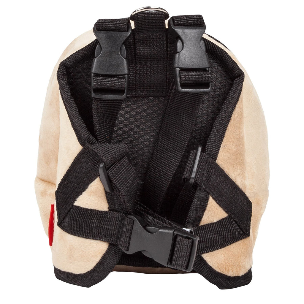 Beige plush dog harness backpack with front webbing straps and plastic buckles