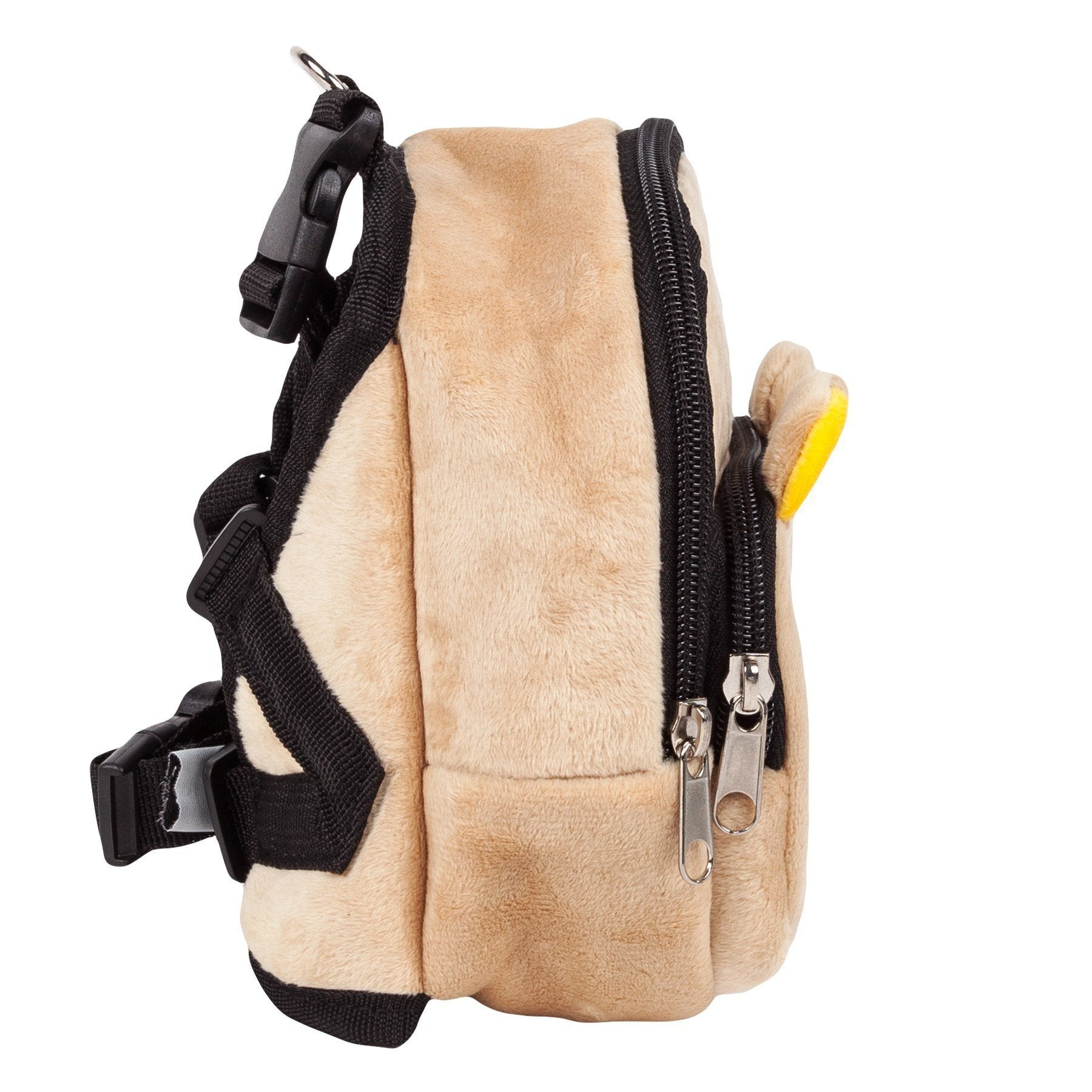 Beige plush dog harness backpack with side zipper and black adjustable shoulder strap