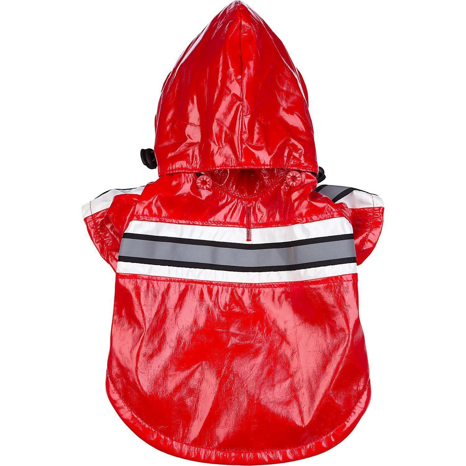 Red hooded dog raincoat jacket with reflective stripes across the back