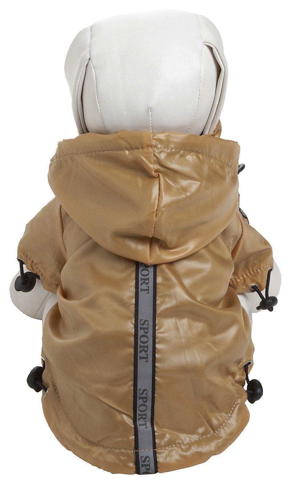 Mustard yellow dog raincoat with removable hood, reflective stripe and drawstring hem