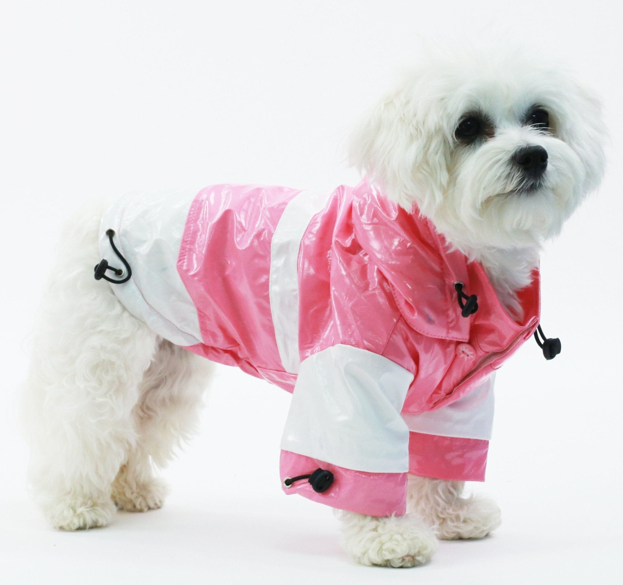 Two-tone waterproof dog raincoat with removable hood, pink/white, adjustable straps