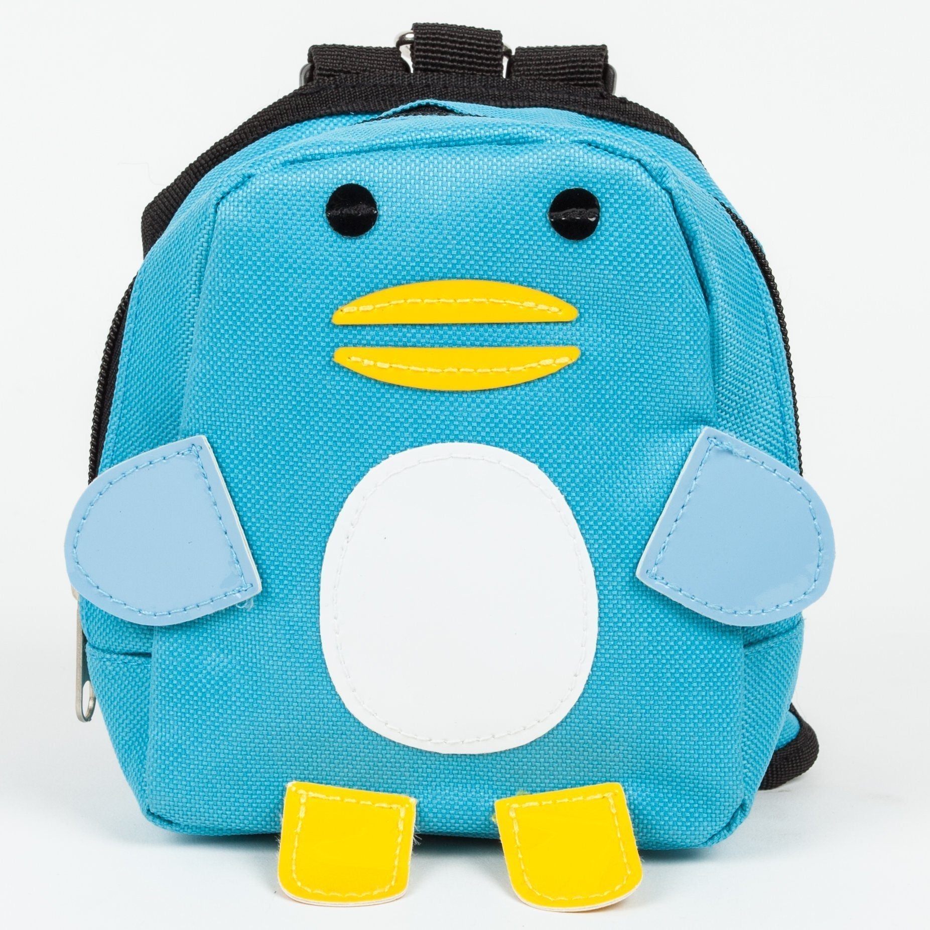 Blue dog backpack with cute animal face design, black straps, and side pockets