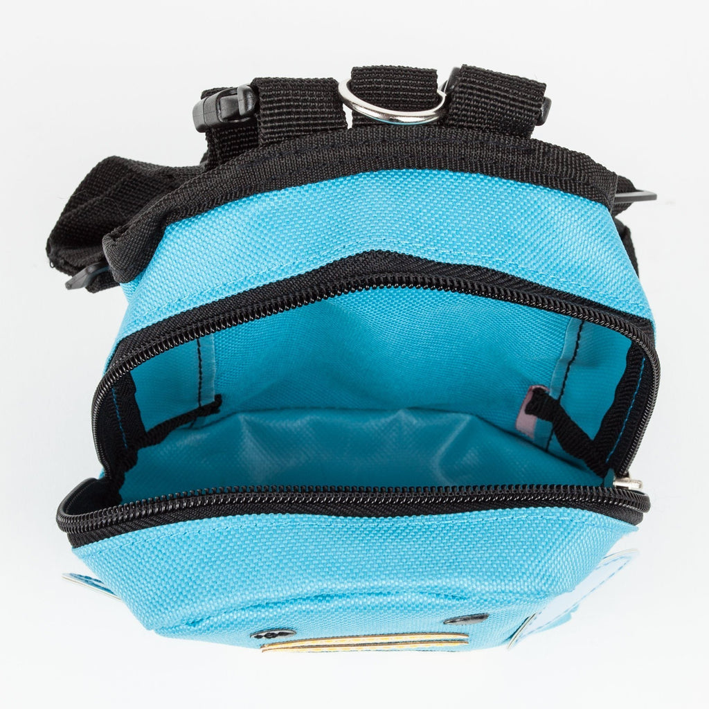 Blue dog harness backpack interior view with zip closure and black trim