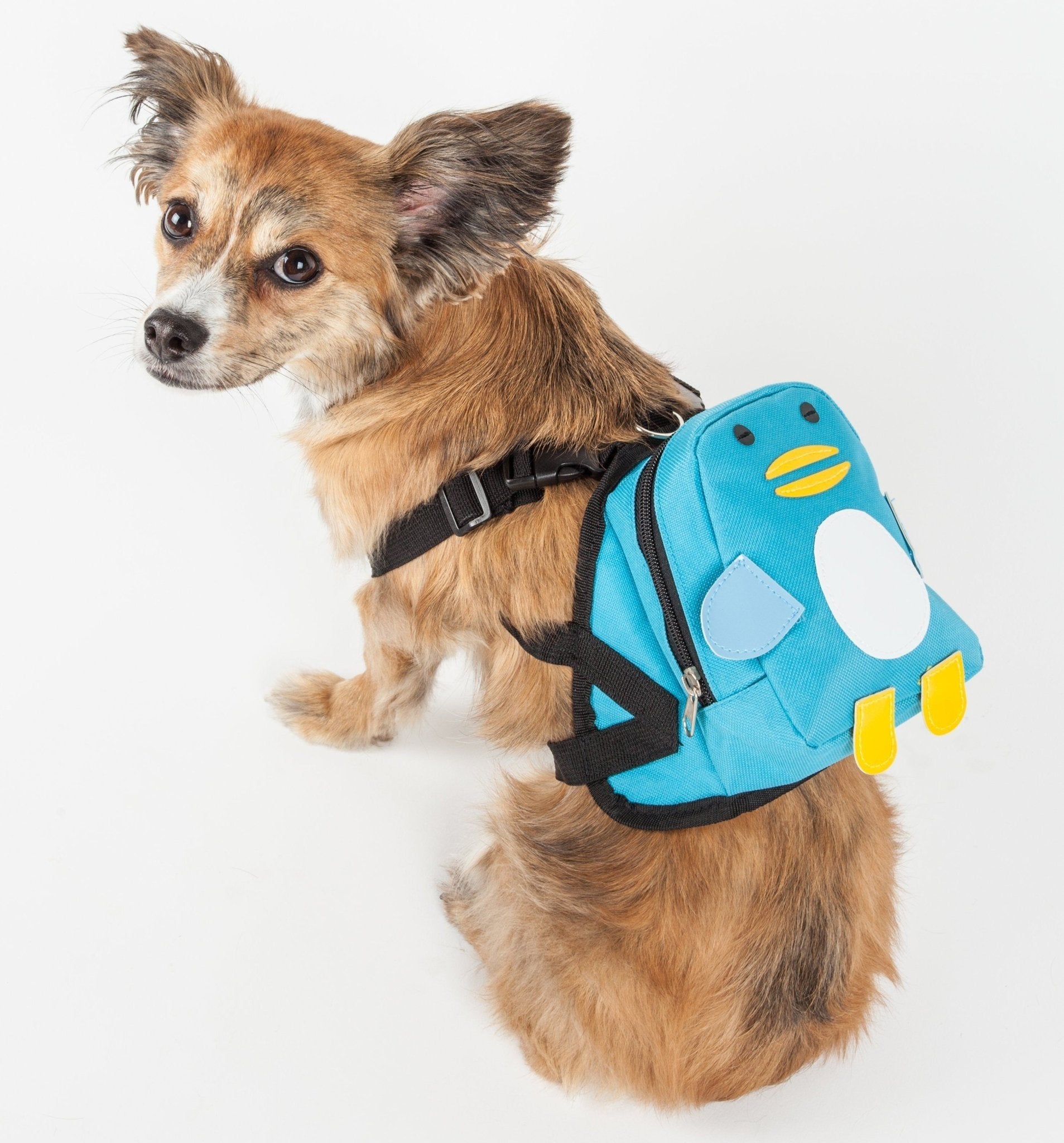 Blue dog harness backpack with black straps and front pocket; small animated face panel