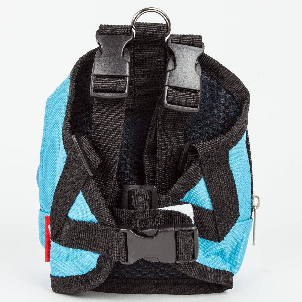 Blue dog harness backpack back view with adjustable black straps and buckles