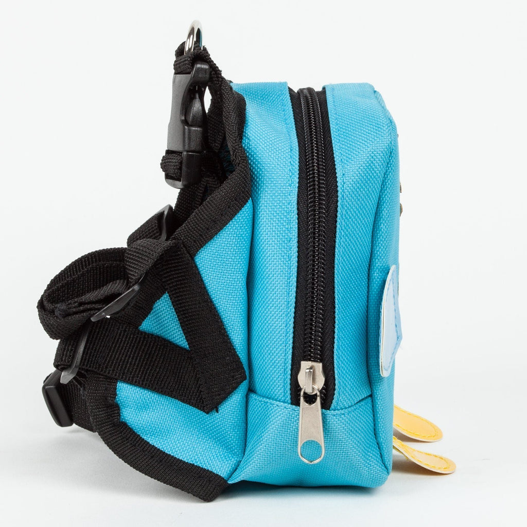 Blue dog harness backpack with black side straps and front zipper pocket