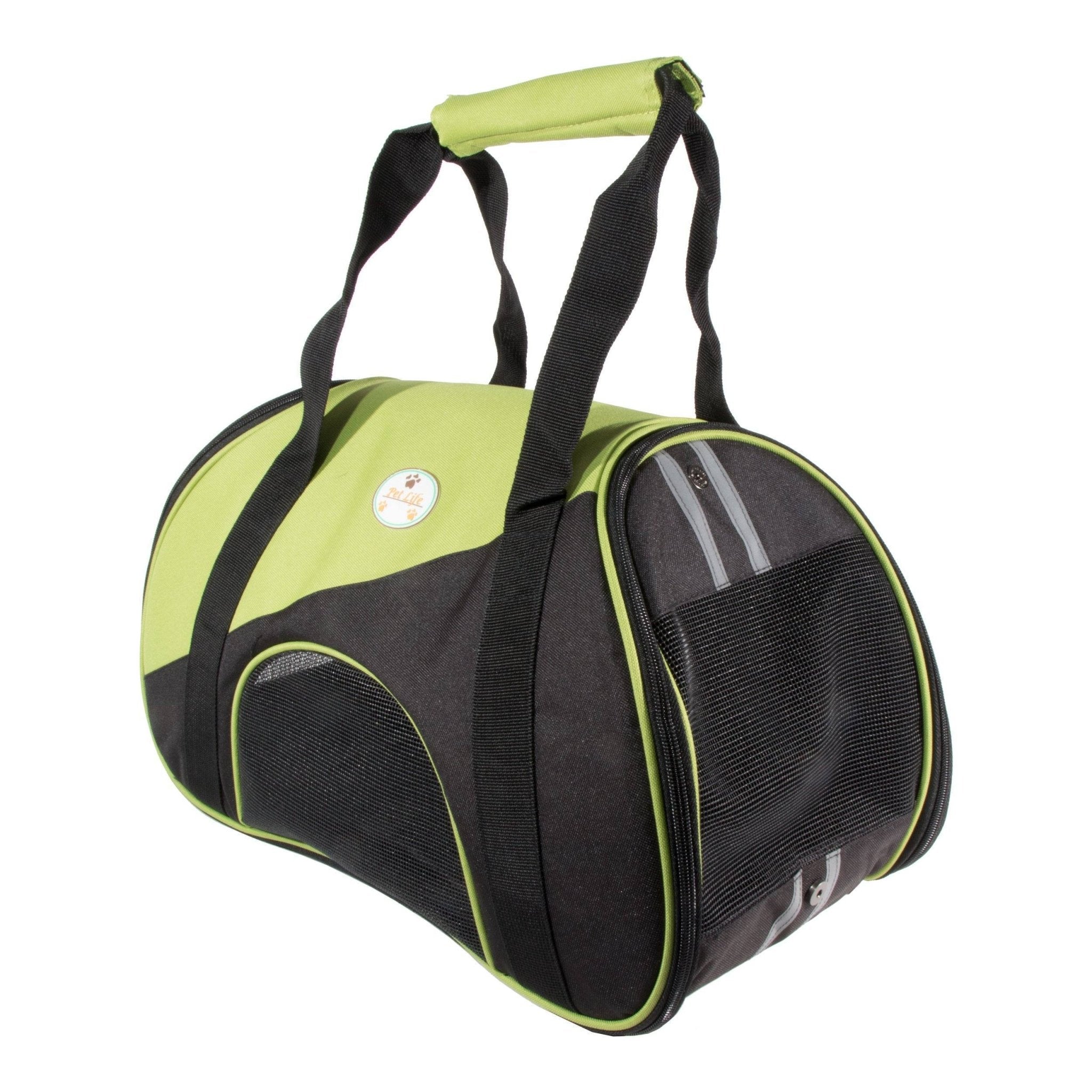 Pet dog carrier with mesh side window and top handle, lime green and black color-block design